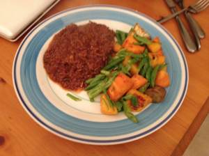 Chocolate chilli with butternut squash, sweet potato and green beans. My first Whole 30 meal.